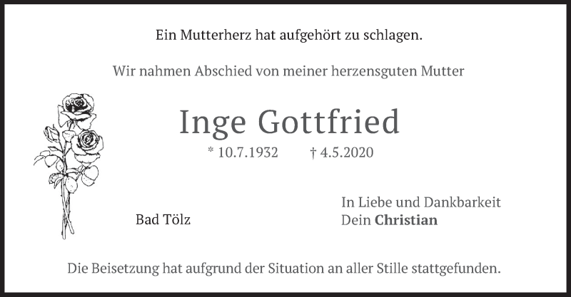  Traueranzeige für Inge Gottfried vom 28.05.2020 aus merkurtz