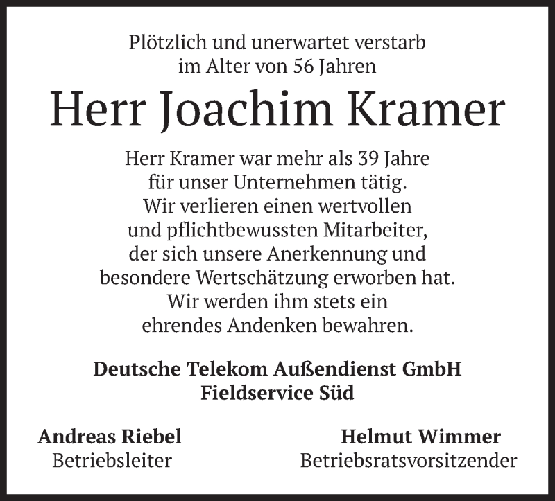  Traueranzeige für Joachim Kramer vom 12.05.2020 aus merkurtz