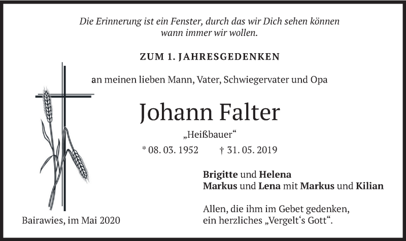  Traueranzeige für Johann Falter vom 30.05.2020 aus merkurtz