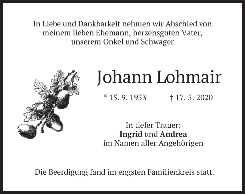  Traueranzeige für Johann Lohmair vom 23.05.2020 aus merkurtz
