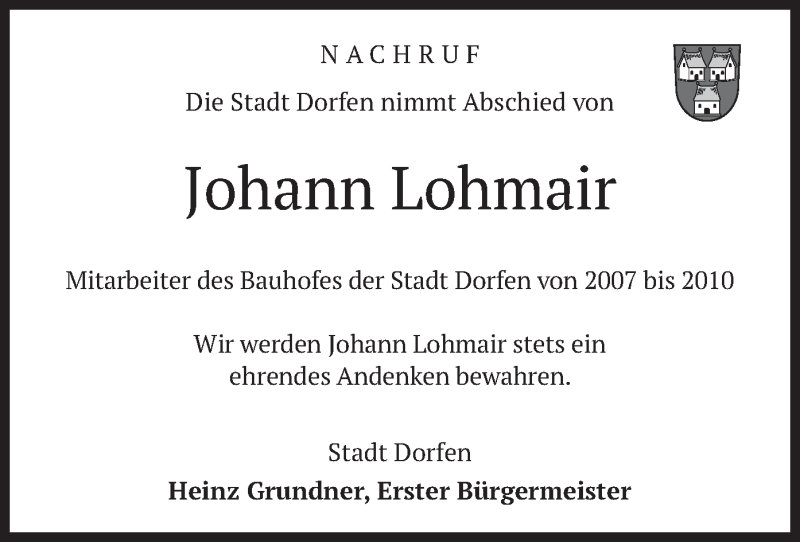  Traueranzeige für Johann Lohmair vom 26.05.2020 aus merkurtz