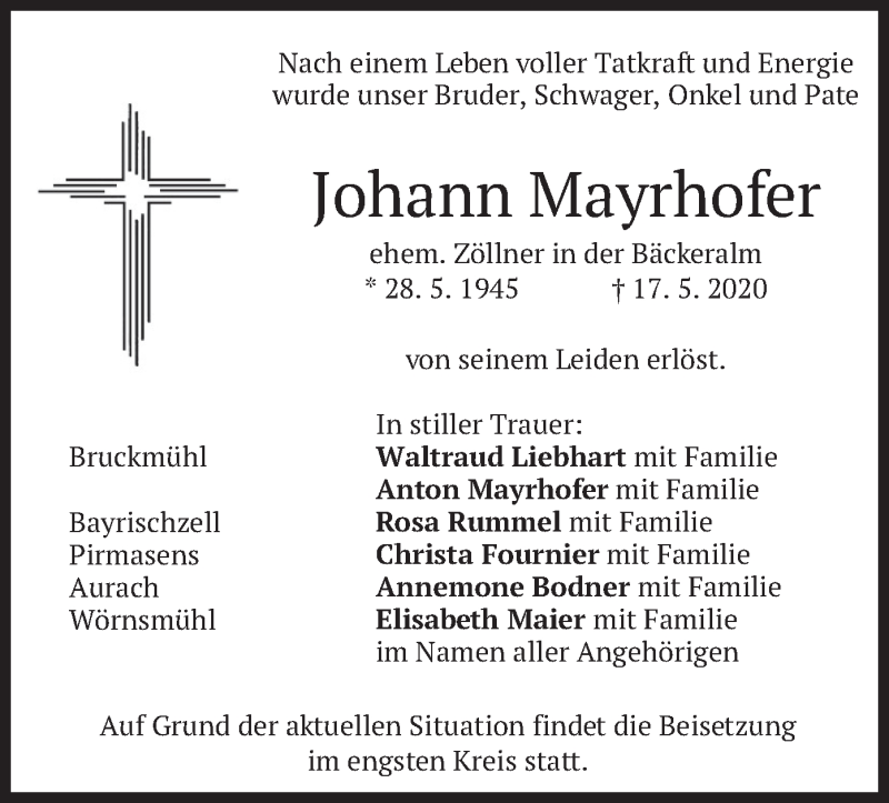  Traueranzeige für Johann Mayrhofer vom 30.05.2020 aus merkurtz