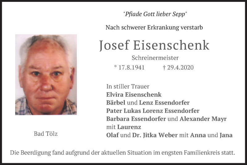  Traueranzeige für Josef Eisenschenk vom 09.05.2020 aus merkurtz