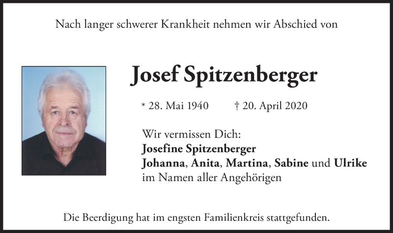  Traueranzeige für Josef Spitzenberger vom 05.05.2020 aus merkurtz