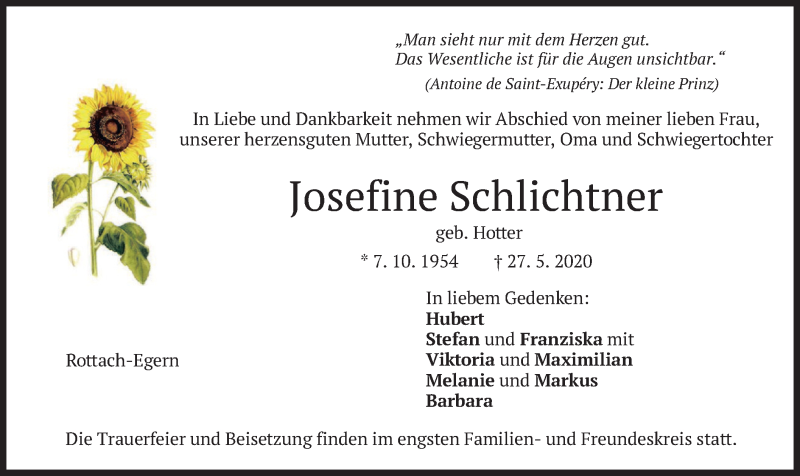  Traueranzeige für Josefine Schlichtner vom 30.05.2020 aus merkurtz