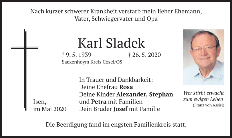  Traueranzeige für Karl Sladek vom 30.05.2020 aus merkurtz