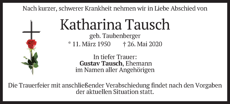  Traueranzeige für Katharina Tausch vom 30.05.2020 aus merkurtz