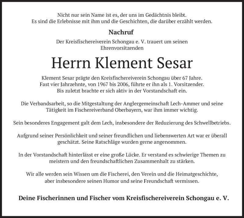  Traueranzeige für Klement Sesar vom 16.05.2020 aus merkurtz