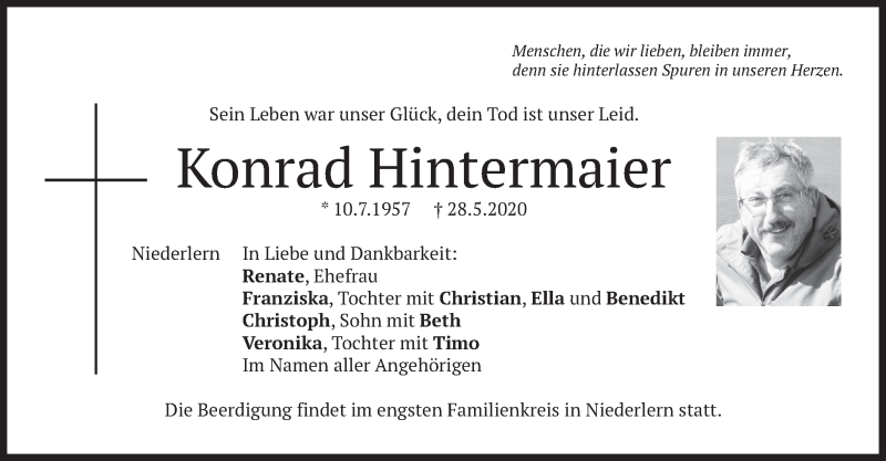  Traueranzeige für Konrad Hintermaier vom 30.05.2020 aus merkurtz
