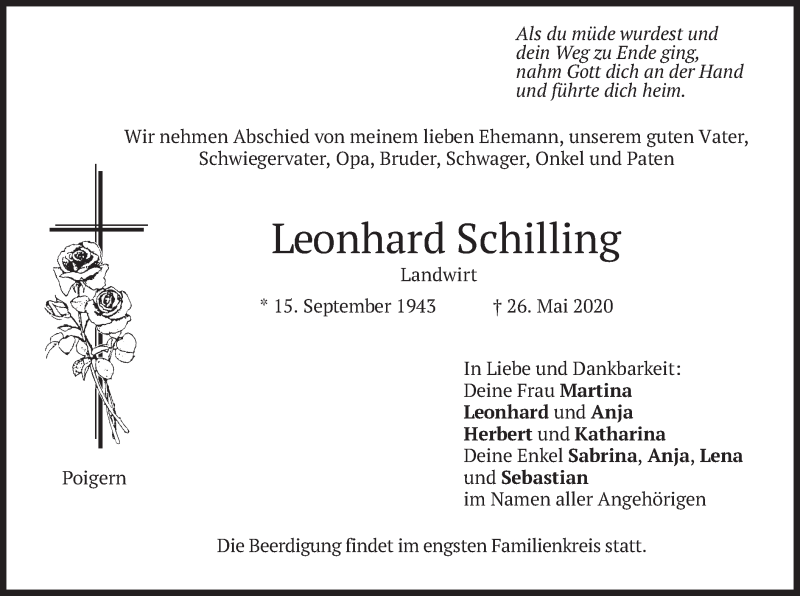  Traueranzeige für Leonhard Schilling vom 28.05.2020 aus merkurtz