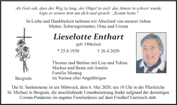 Traueranzeige von Lieselotte Enthart von merkurtz