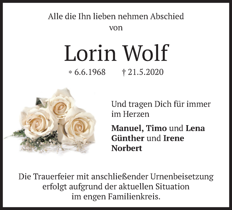  Traueranzeige für Lorin Wolf vom 30.05.2020 aus merkurtz