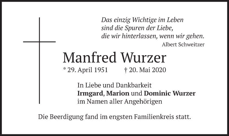  Traueranzeige für Manfred Wurzer vom 30.05.2020 aus merkurtz
