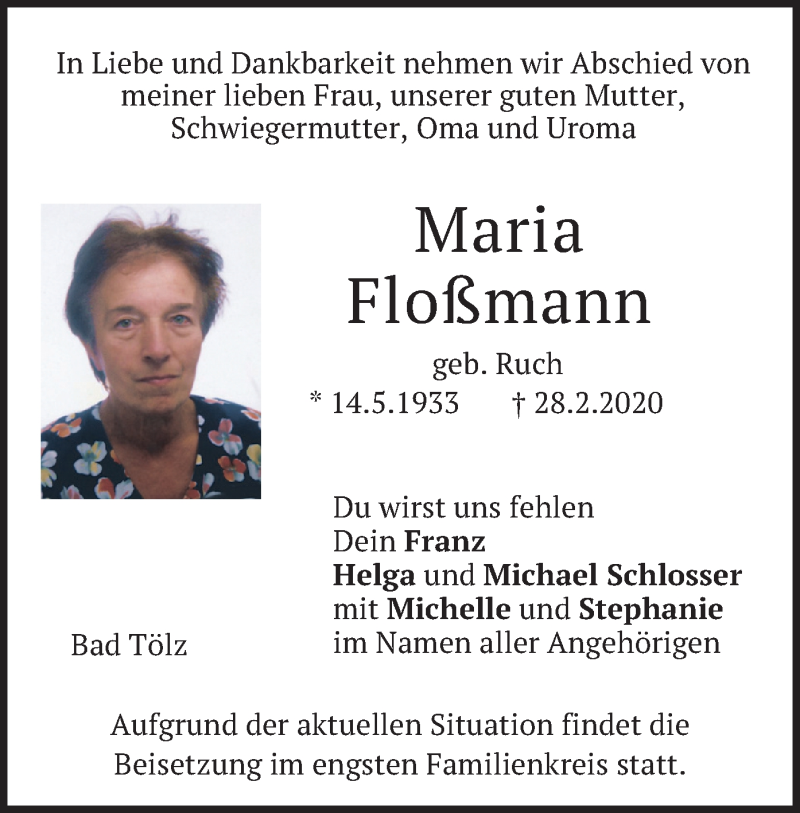  Traueranzeige für Maria Floßmann vom 23.05.2020 aus merkurtz