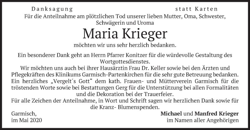 Traueranzeige für Maria Krieger vom 09.05.2020 aus merkurtz