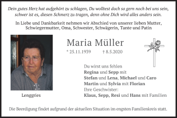 Traueranzeige von Maria Müller von merkurtz