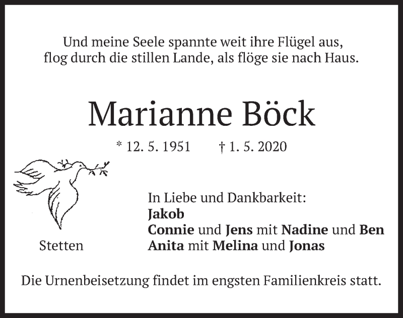  Traueranzeige für Marianne Böck vom 09.05.2020 aus merkurtz