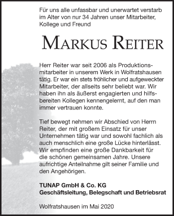 Traueranzeige von Markus Reiter von merkurtz