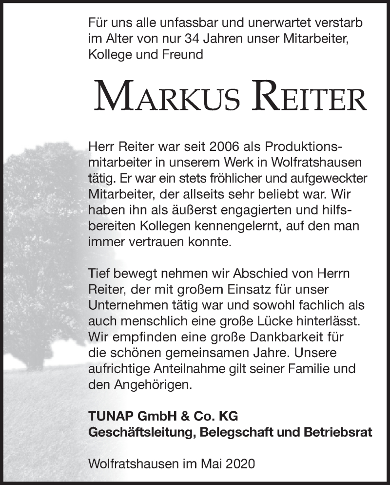  Traueranzeige für Markus Reiter vom 07.05.2020 aus merkurtz