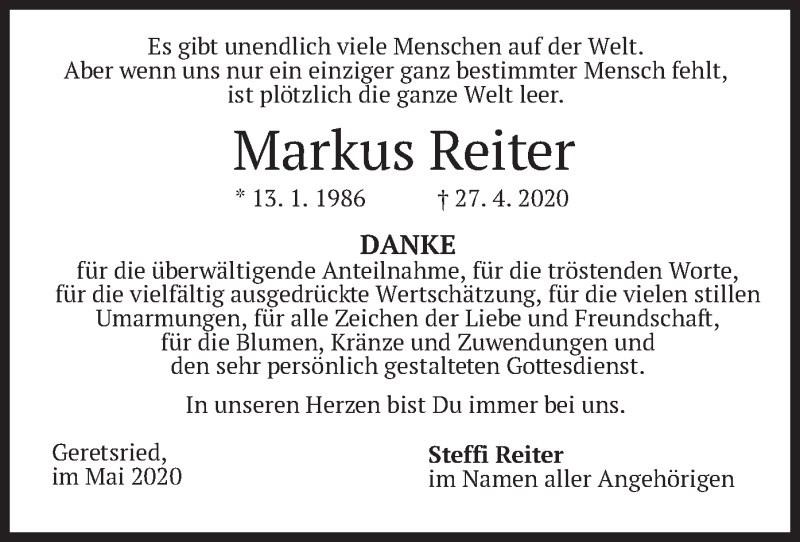  Traueranzeige für Markus Reiter vom 16.05.2020 aus merkurtz