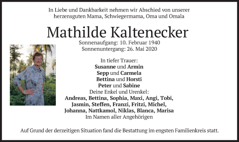  Traueranzeige für Mathilde Kaltenecker vom 30.05.2020 aus merkurtz