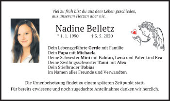 Traueranzeige von Nadine Belletz von merkurtz