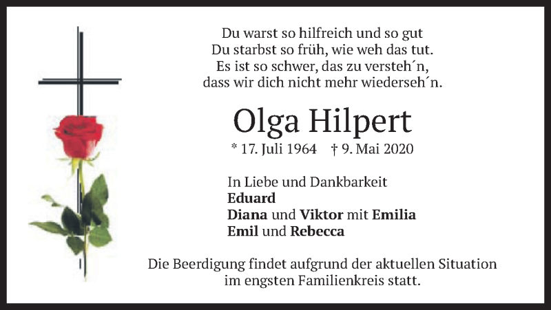  Traueranzeige für Olga Hilpert vom 13.05.2020 aus merkurtz