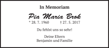 Traueranzeige von Pia Maria Brok von merkurtz