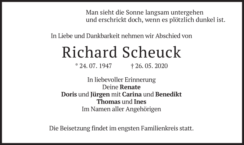  Traueranzeige für Richard Scheuck vom 30.05.2020 aus merkurtz