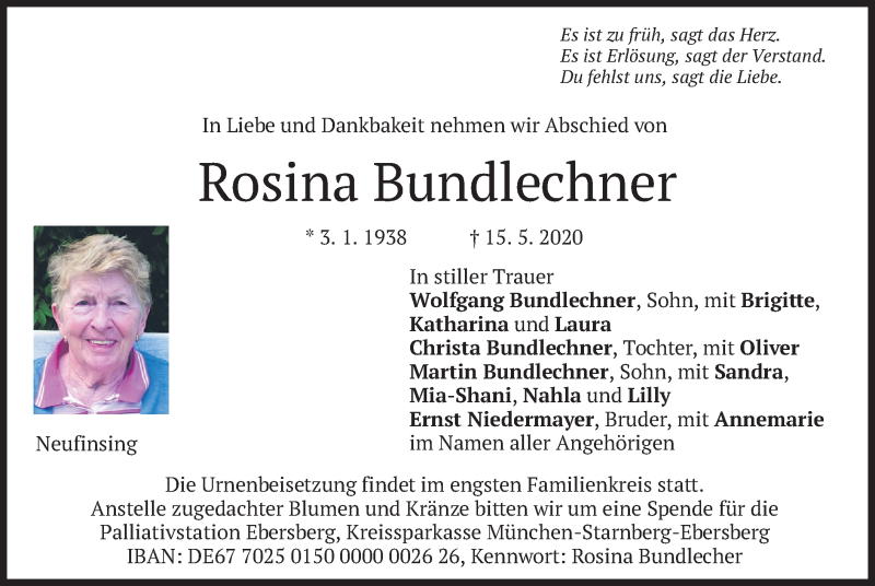  Traueranzeige für Rosina Bundlechner vom 20.05.2020 aus merkurtz