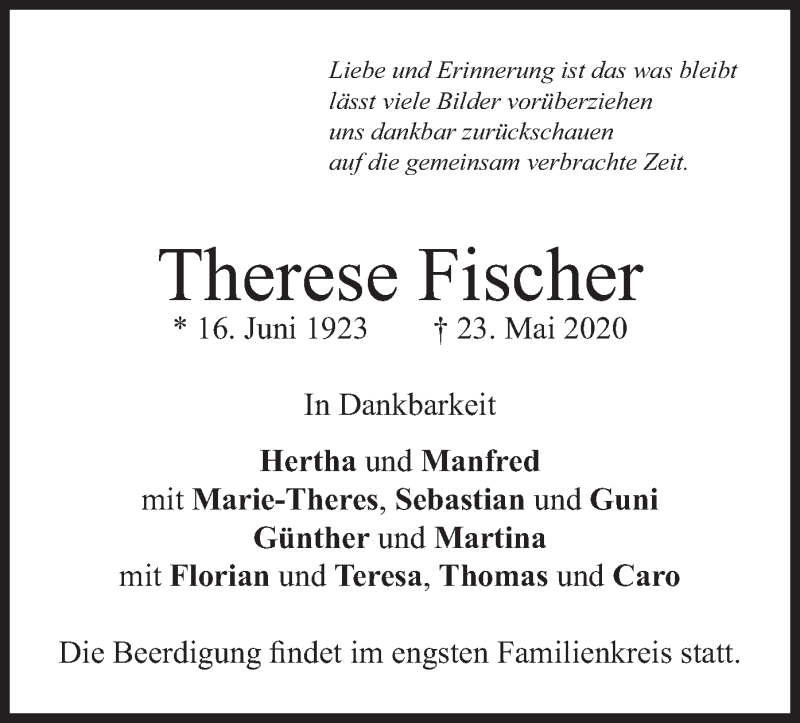 Traueranzeigen Von Therese Fischer Trauer Merkur De