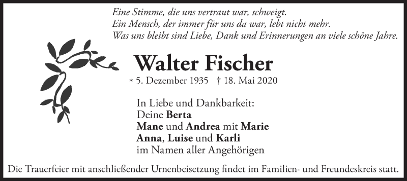  Traueranzeige für Walter Fischer vom 23.05.2020 aus merkurtz