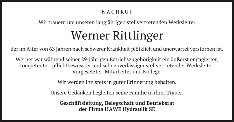  Traueranzeige für Werner Rittlinger vom 02.05.2020 aus merkurtz