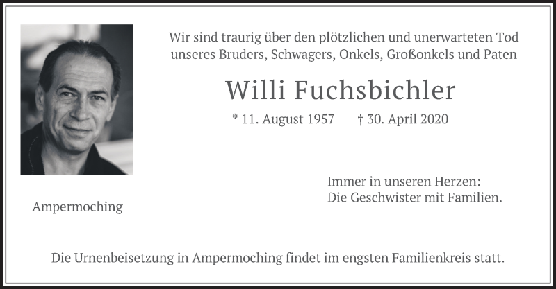  Traueranzeige für Willi Fuchsbichler vom 09.05.2020 aus merkurtz
