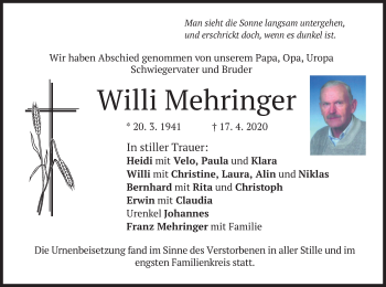 Traueranzeige von Willi Mehringer von merkurtz