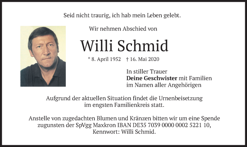 Traueranzeige für Willi Schmid vom 30.05.2020 aus merkurtz