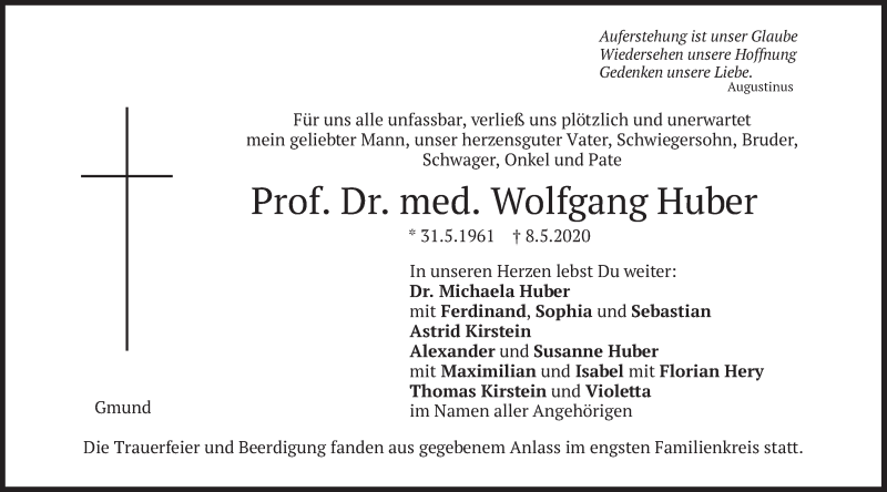  Traueranzeige für Wolfgang Huber vom 16.05.2020 aus merkurtz