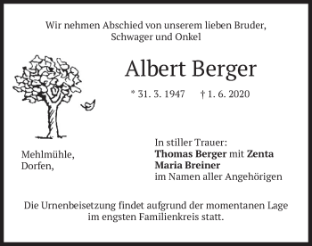 Traueranzeige von Albert Berger von merkurtz
