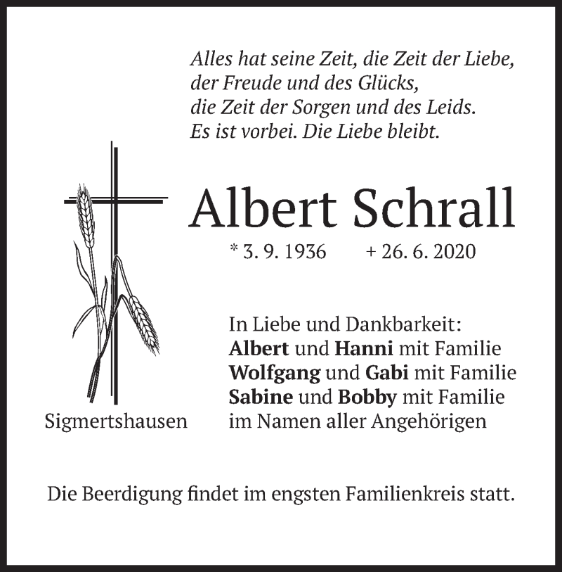  Traueranzeige für Albert Schrall vom 29.06.2020 aus merkurtz