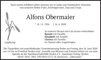 Traueranzeige von Alfons Obermaier von merkurtz