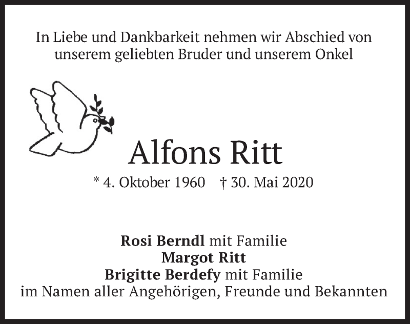  Traueranzeige für Alfons Ritt vom 06.06.2020 aus merkurtz