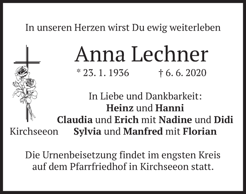 Traueranzeige für Anna Lechner vom 20.06.2020 aus merkurtz