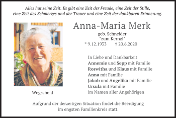 Traueranzeige von Anna-Maria Merk von merkurtz