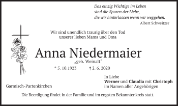 Traueranzeige von Anna Niedermaier von merkurtz