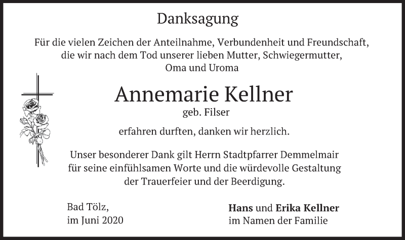  Traueranzeige für Annemarie Kellner vom 20.06.2020 aus merkurtz