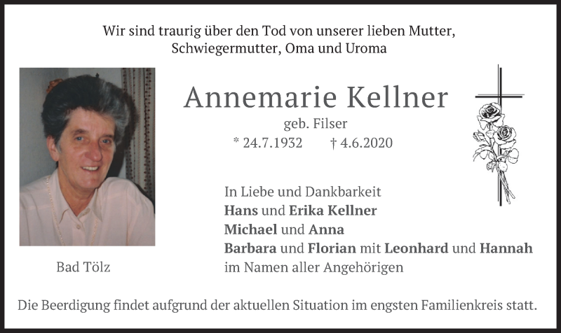  Traueranzeige für Annemarie Kellner vom 06.06.2020 aus merkurtz