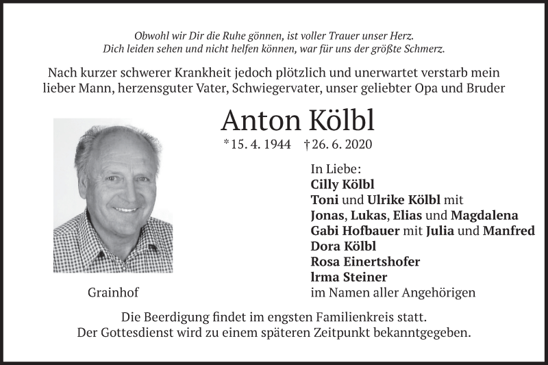  Traueranzeige für Anton Kölbl vom 29.06.2020 aus merkurtz