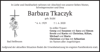 Traueranzeige von Barbara Tkaczyk von merkurtz