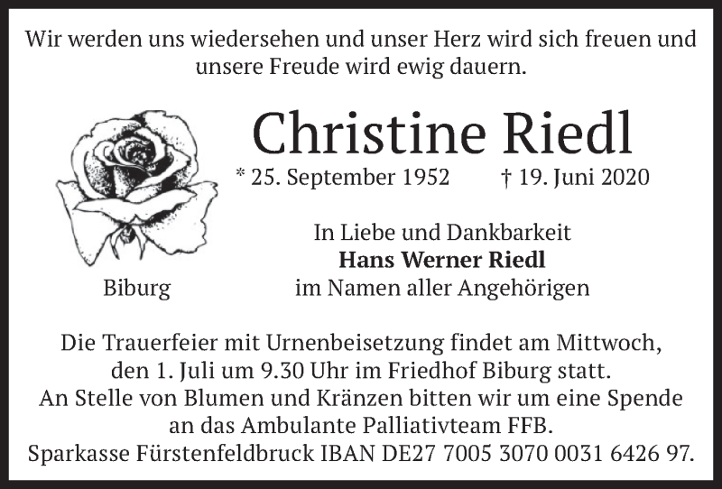  Traueranzeige für Christine Riedl vom 27.06.2020 aus merkurtz