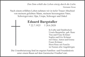 Traueranzeige von Eduard Burgstaller von merkurtz